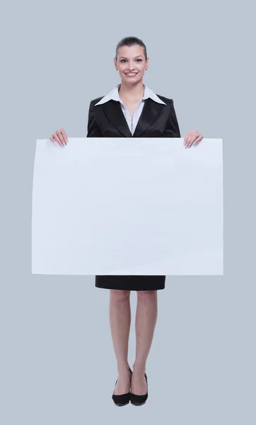 Beautiful young business woman with copy cpace isolated gray — Stock Photo, Image