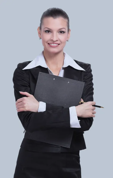 Hermosa joven mujer de negocios aislada sobre fondo gris . — Foto de Stock