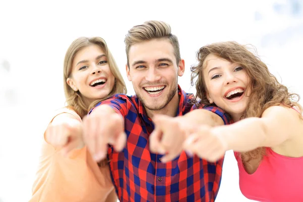 Closeup of three happy young people showing hands forward — Stock Photo, Image