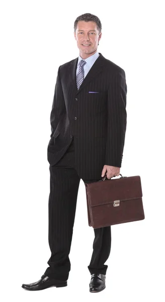 Üzletember bőrönddel elszigetelt fehér background — Stock Fotó