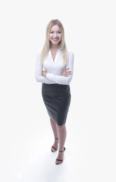 Retrato en pleno crecimiento confiado joven mujer de negocios haciendo un movimiento . — Foto de Stock