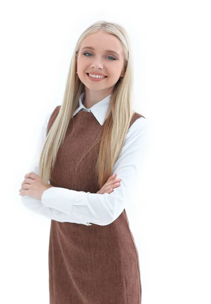 Portret van een lachende jonge vrouw assistent. — Stockfoto