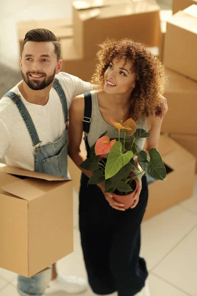 Όμορφο νεαρό ζευγάρι μεταφέρει κουτιά σε ένα νέο σπίτι. — Φωτογραφία Αρχείου