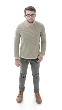 ciddi bir genç adam portresi. Fotoğrafta tam uzunlukta