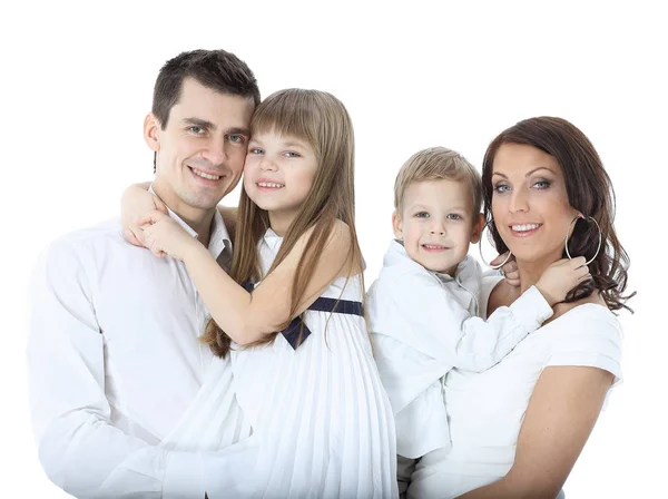 Hermosa familia feliz - aislado sobre un fondo blanco — Foto de Stock