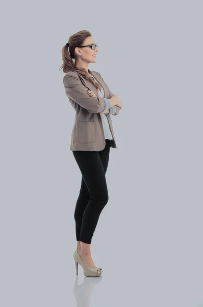 Perfil de pie mujer de negocios con fondo de pared blanco — Foto de Stock
