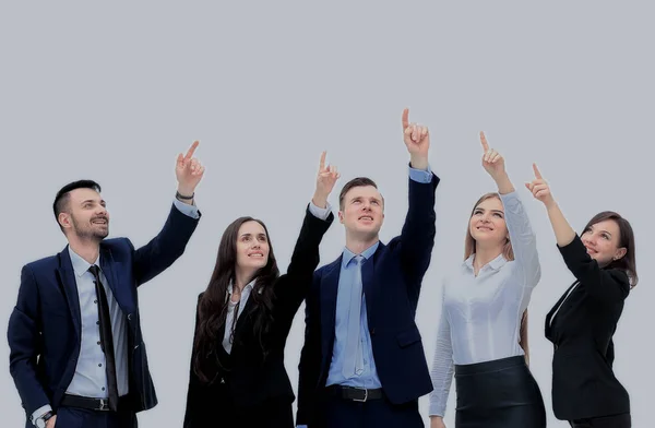 Business people in a row pointing and looking up to copy space — Stock Photo, Image