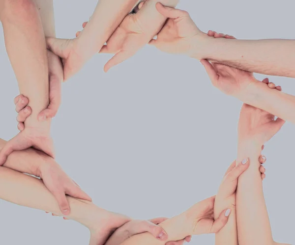 Conceito do sucesso das equipes: as mãos dos membros do busi — Fotografia de Stock