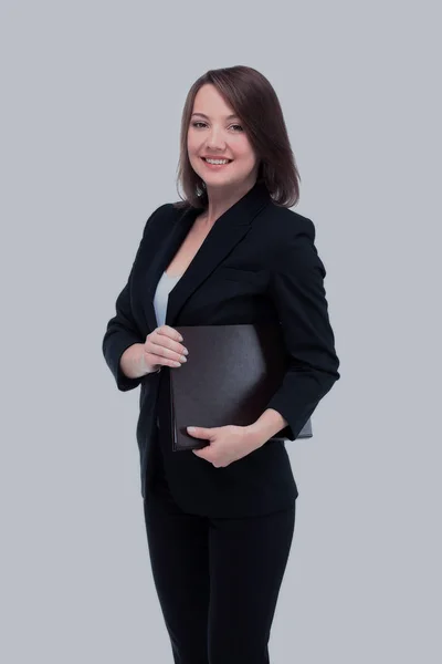 Retrato de mulher de negócios sorridente feliz com pasta marrom — Fotografia de Stock