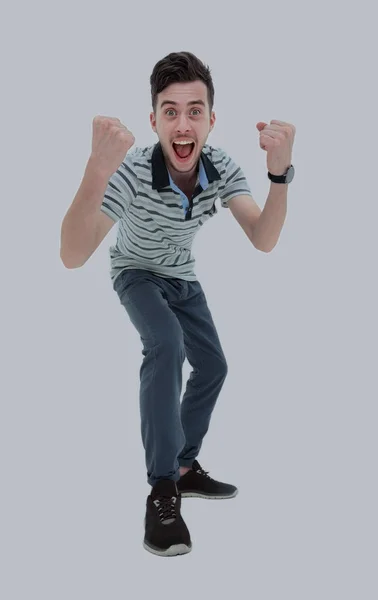 Feliz hombre de negocios celebrando su éxito sobre fondo blanco . — Foto de Stock