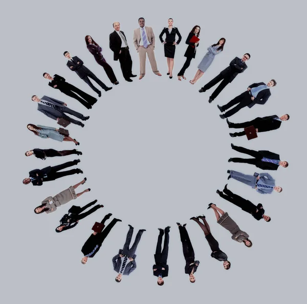 Collage of business people standing around an empty circle — Stock Photo, Image