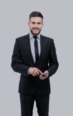 Telefonu kullanma office takım elbiseli yakışıklı işadamı