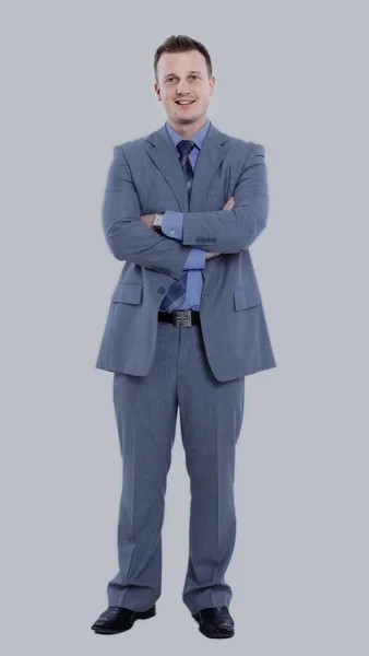 Ung chef i kostym ler isolerade på vit bakgrund — Stockfoto
