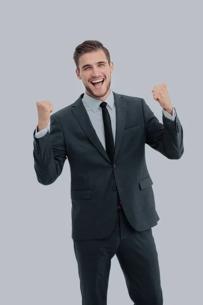 Empresario celebrando con sus puños levantados en el aire y un — Foto de Stock