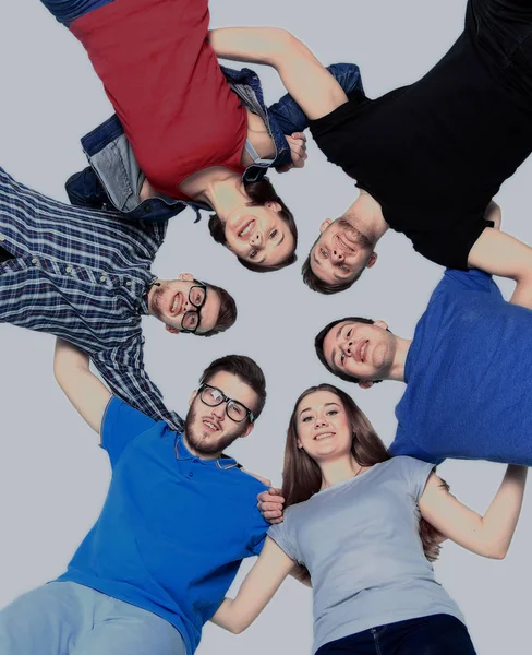 Estudantes universitários confiantes formando amontoar sobre fundo branco — Fotografia de Stock