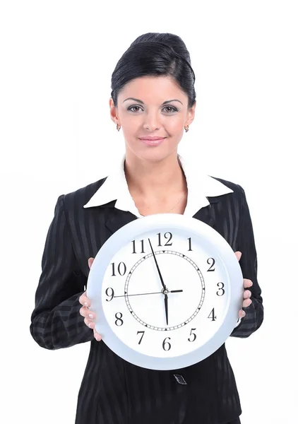 Business concept.business donna in possesso di un grande orologio . — Foto Stock