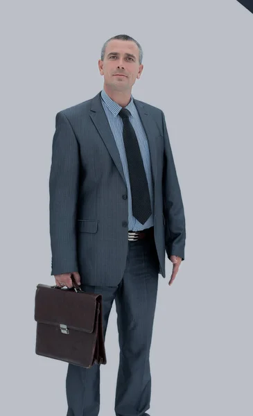 Qualified lawyer in a business suit with briefcase on a white ba — Stock Photo, Image