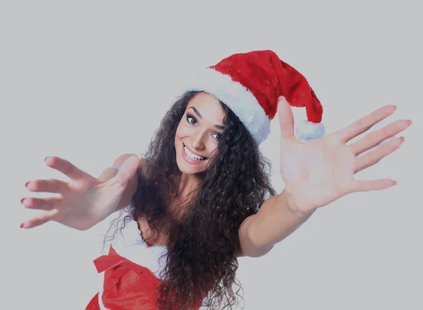 Sorprendido hermosa mujer joven en un sombrero de Santa. Aislado sobre blanco . — Foto de Stock