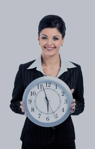 Mulher de negócios feliz mantém relógio . — Fotografia de Stock