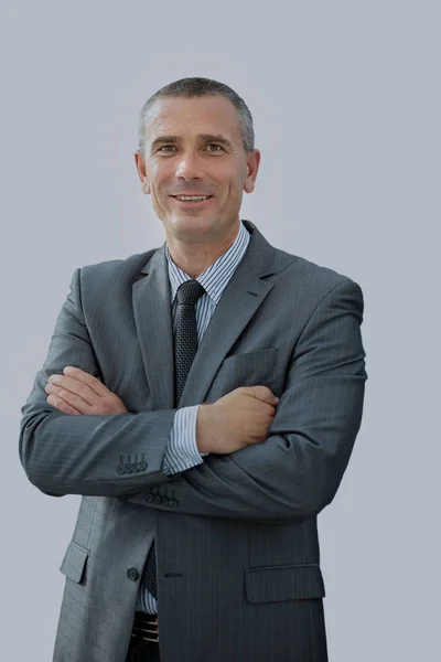Porträtt av framgångsrik leende affärsman i ett företag passar ha — Stockfoto