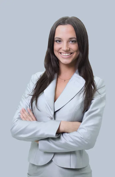 Mulher de negócios sorridente, isolada em fundo cinzento. braço cruzado — Fotografia de Stock