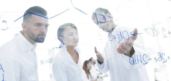 Groep laboratorium wetenschappers bespreken hun onderzoek in het laboratorium. — Stockfoto