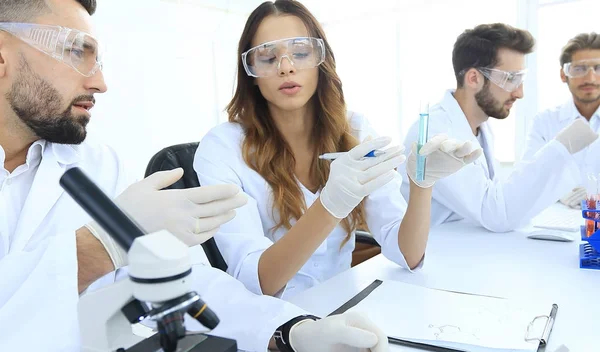 Group of young scientists discussing the results of a study — Stock Photo, Image