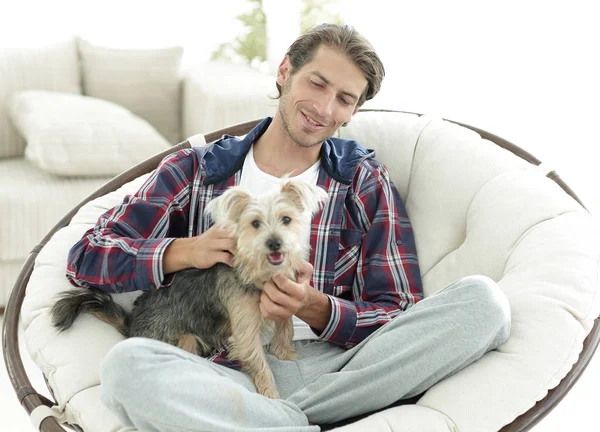 yakışıklı olan büyük bir koltukta oturan bir köpekle.