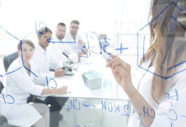 Kadın bilim adamı meslektaşlarına rapor veriyor.