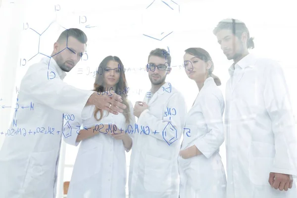 In de achtergrond afbeelding groep laboratorium wetenschappers hun onderzoek bespreken — Stockfoto