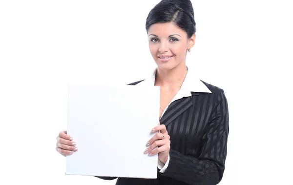 Mulher bem sucedida mostrando folha em branco — Fotografia de Stock