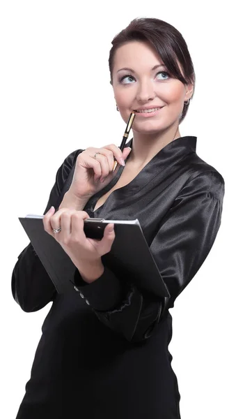 Exitosa mujer de negocios tomando notas posando contra blanco — Foto de Stock