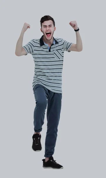 Mutlu bir adam beyaz zemin üzerine kaldırdı kollarını ile bağırarak. — Stok fotoğraf