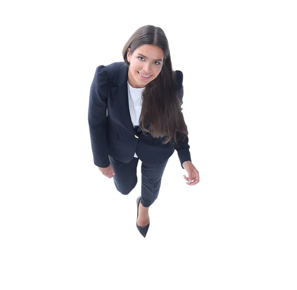 Mulher de negócios andando em comprimento total no fundo branco — Fotografia de Stock