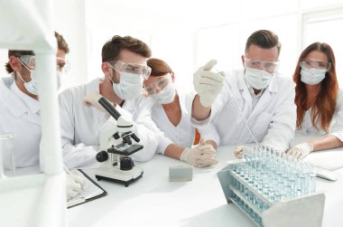tıp doktorları laboratuarda test tüpleri ve mikroskop ile çalışıyoruz