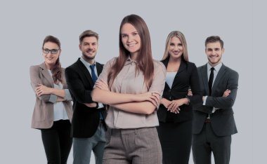 Bir grup gülümseyen iş adamı. Beyaz arkaplan üzerinde izole edilmiş