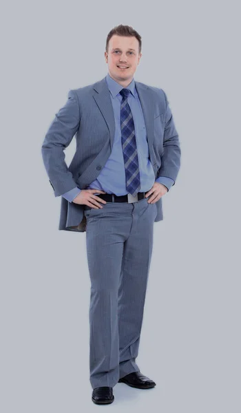 Ritratto del corpo pieno di felice uomo d'affari sorridente, isolato su sfondo bianco — Foto Stock