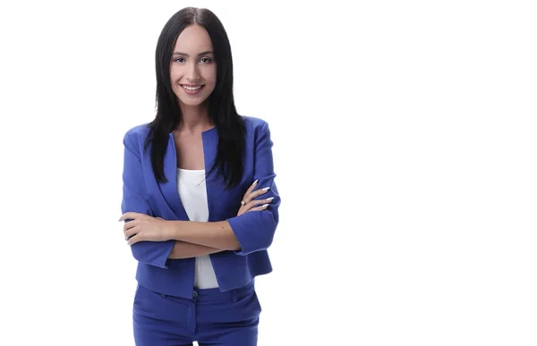 Mujer de negocios moderna sonriendo y de pie sobre un fondo blanco — Foto de Stock