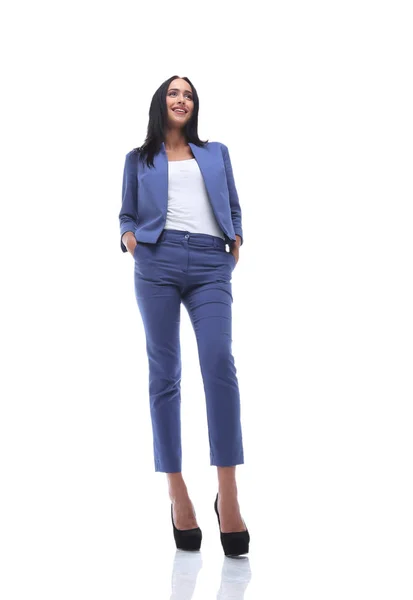 Modern business woman smiling and standing over a white backgrou — Stock Photo, Image