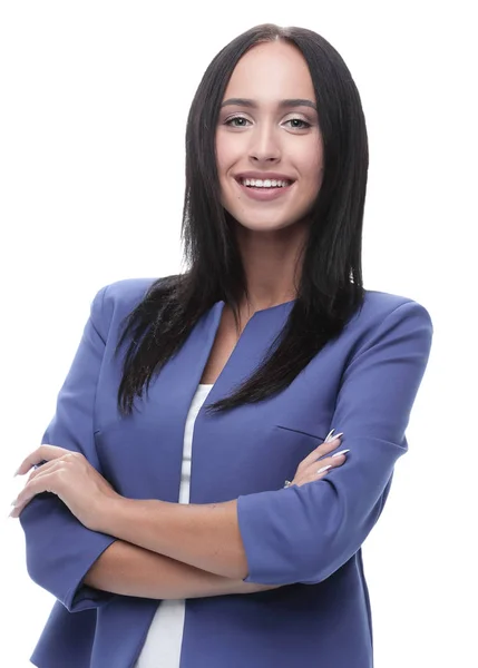 Porträt einer jungen glücklich lächelnden Geschäftsfrau, isoliert auf Weiß — Stockfoto