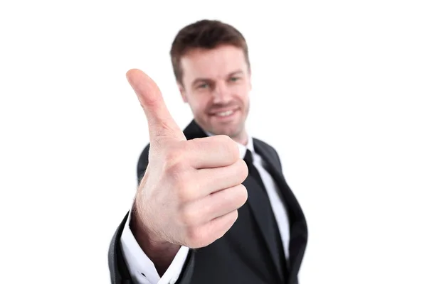 Úspěšný podnikatel ukazuje palec — Stock fotografie