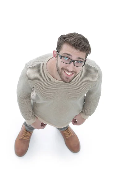 Vue d'en haut. sérieux jeune homme regardant caméra . — Photo