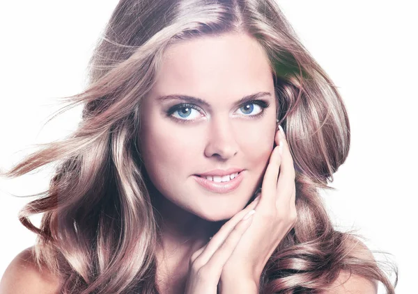 Young woman in blue dress posing in studio — Stock Photo, Image