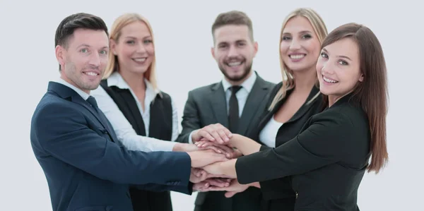 Glückliches Business-Team zeigt Einigkeit mit den Händen — Stockfoto