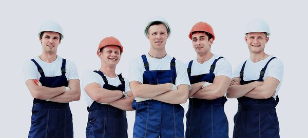 Large group of workers standing in circle top view