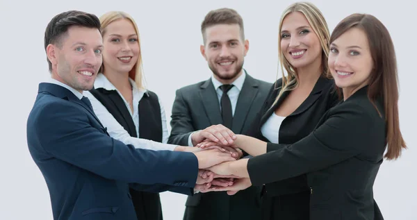 Team erfolgreicher und selbstbewusster Menschen posiert auf weißem Backgr — Stockfoto