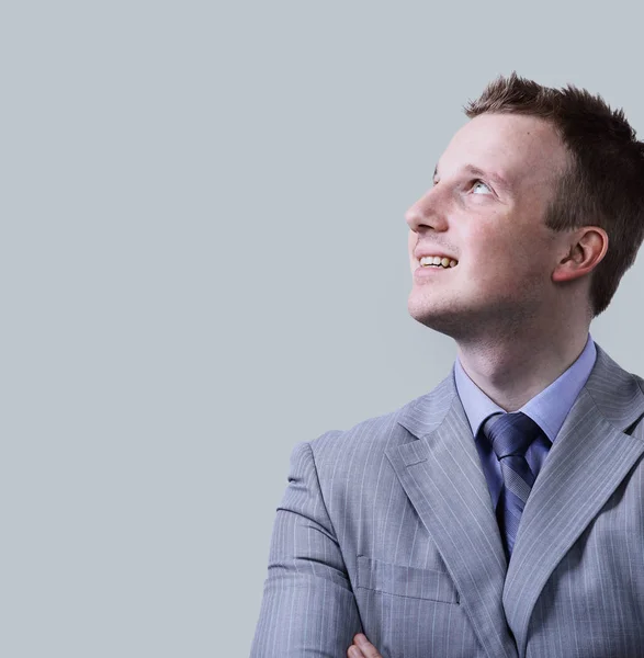 Closeup portrait of pensive handsome smiling man looking up in s — Stock Photo, Image