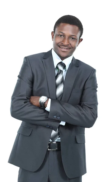 Photo of smiling  african man dressed in suit standing isolated — Stock Photo, Image
