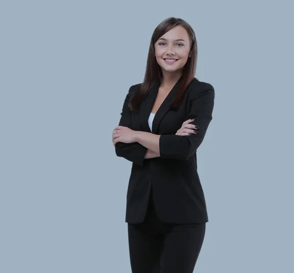 Donna d'affari di successo con le braccia incrociate isolato su sfondo blu — Foto Stock
