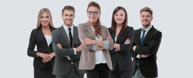 Bir grup gülümseyen iş adamı. Beyaz arkaplan üzerinde izole edilmiş